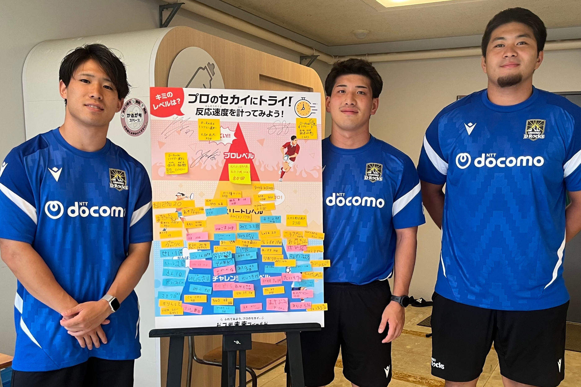 反応速度の記録ボードの横に並ぶ浦安D-Rocksの3選手
