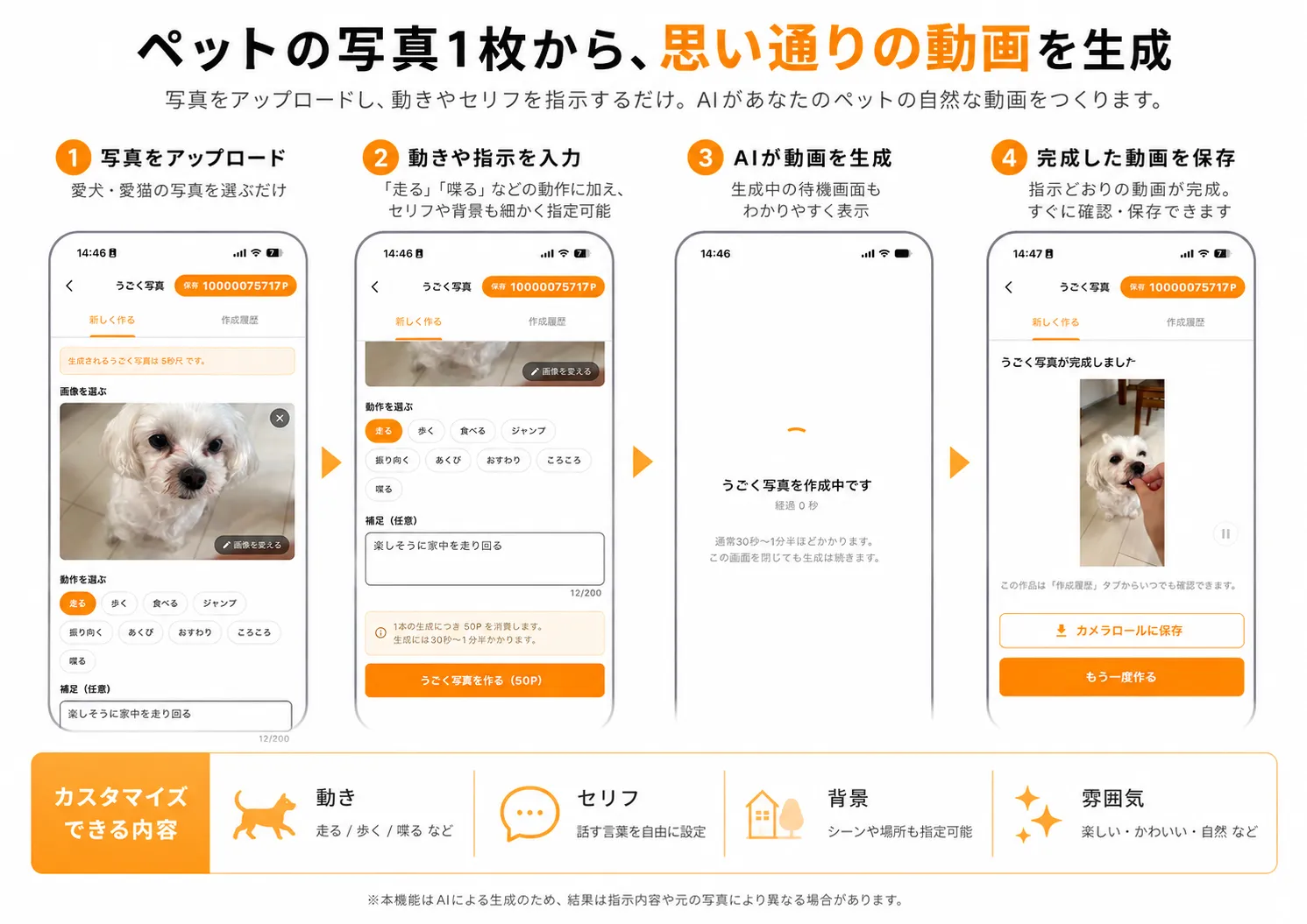 PetFullのAI動画生成機能の操作画面