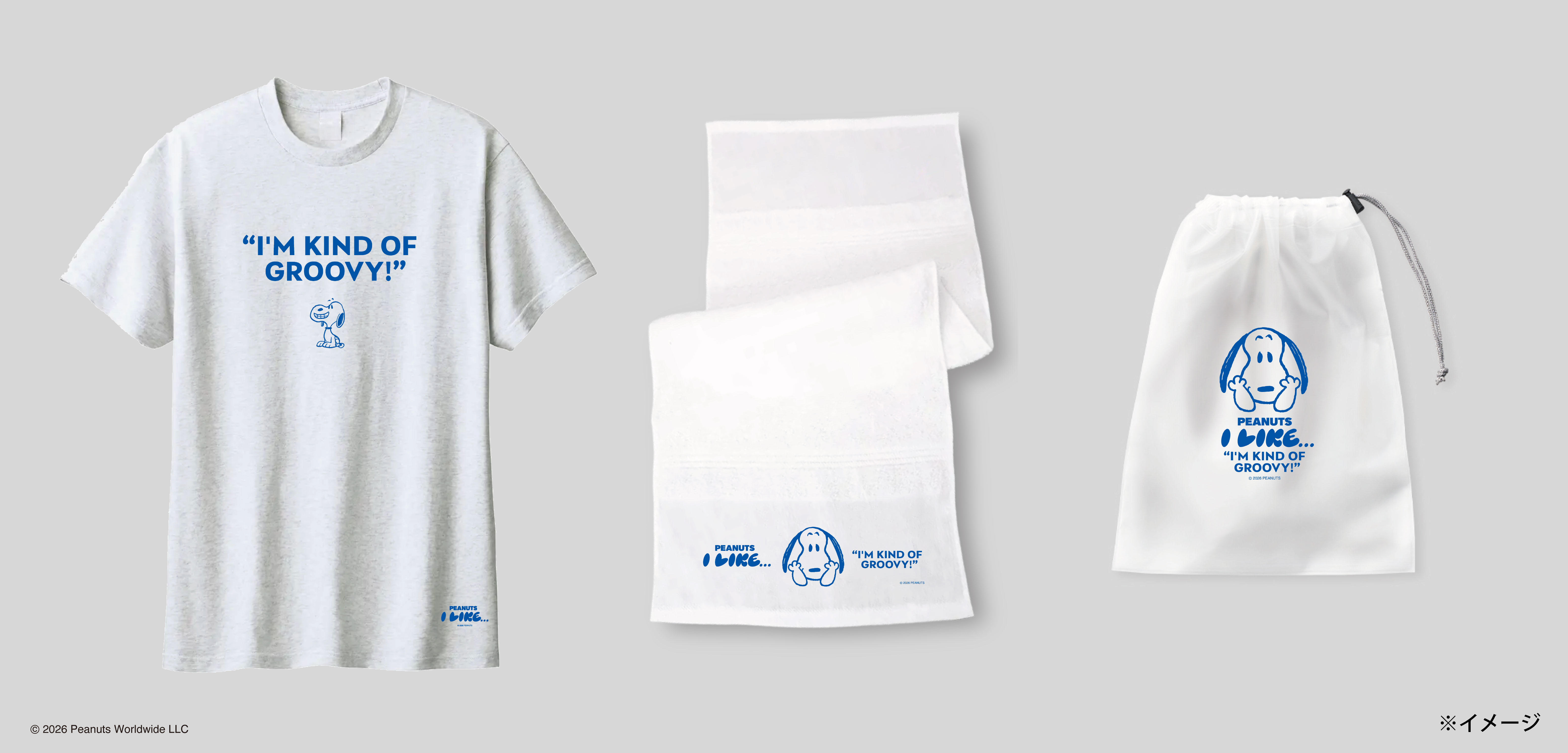 抽選で当たるグレーのTシャツと白いタオル2枚と巾着袋のグッズセット