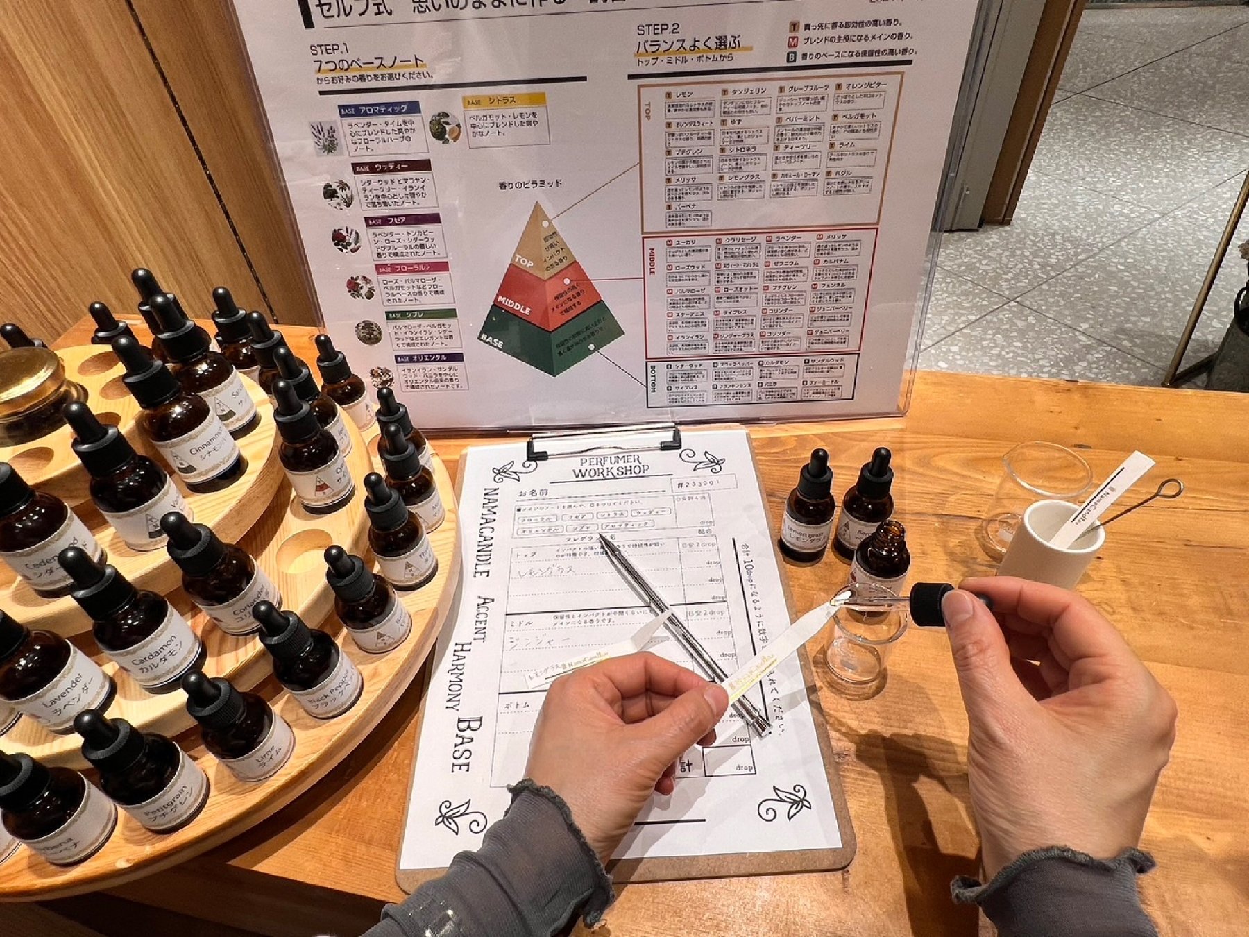 調香ワークショップの香料ラック