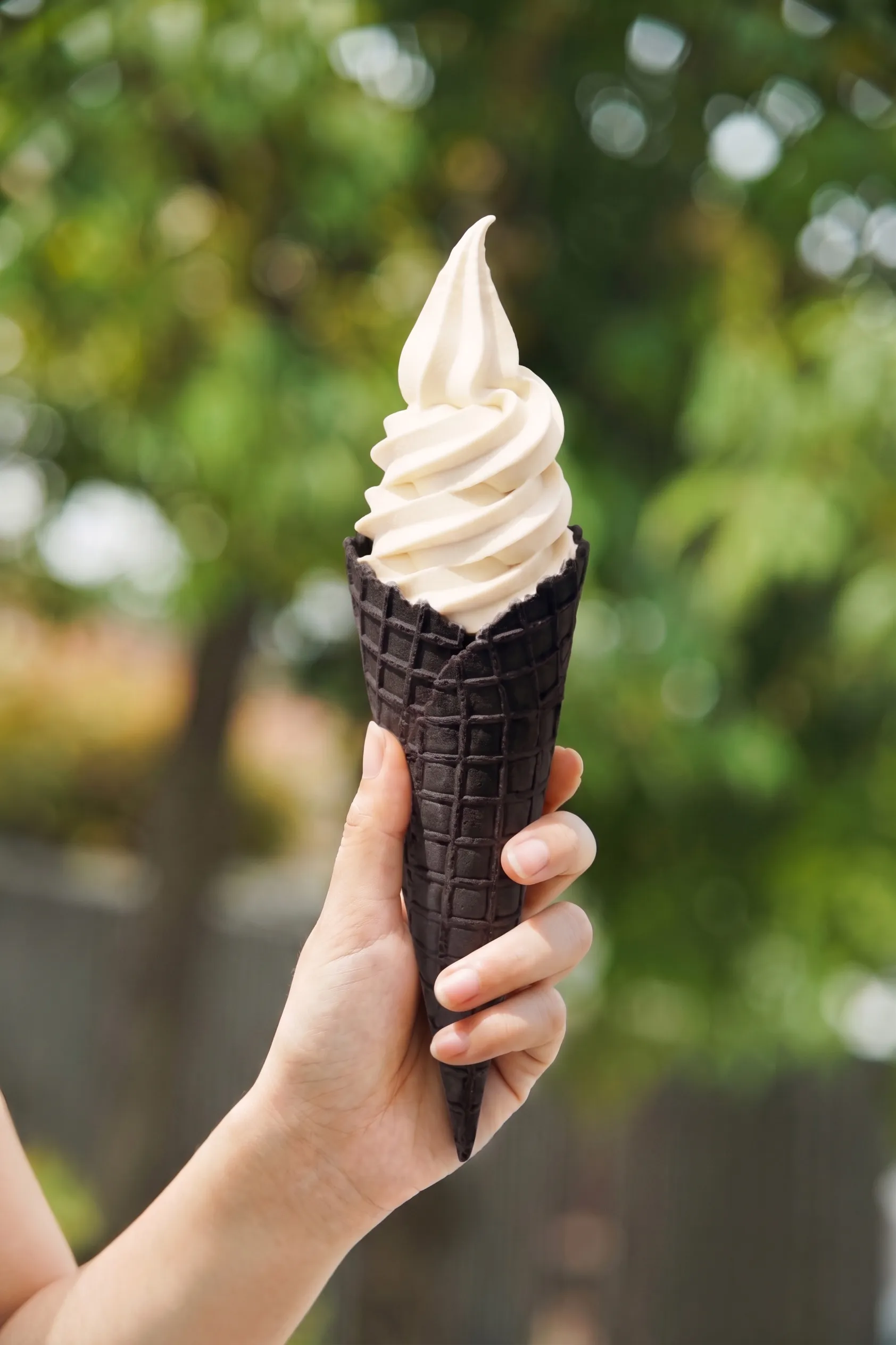 黒いコーンの白いソフトクリーム