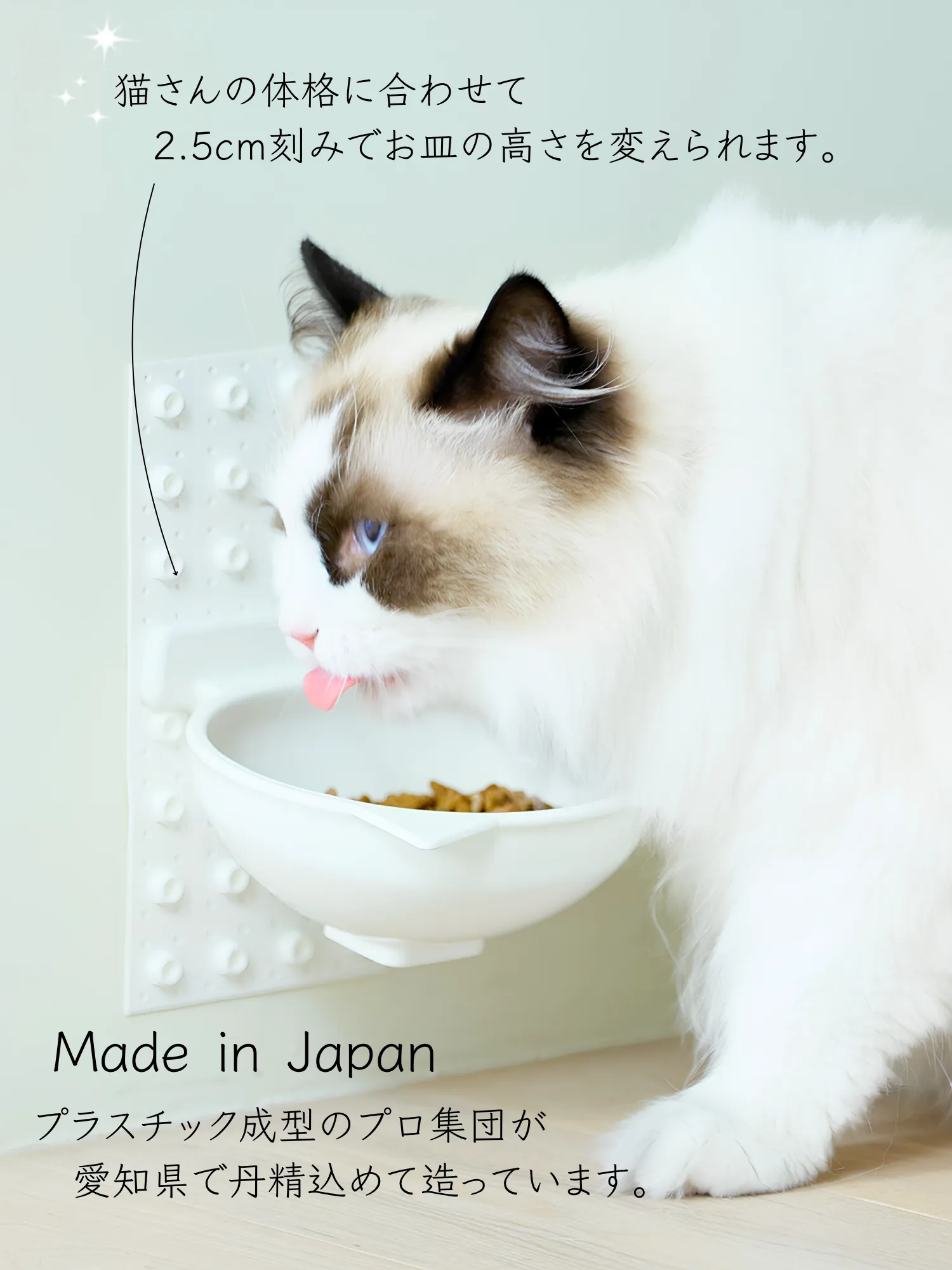 「Cat Fit Bowl」で食事する白猫と高さ調整