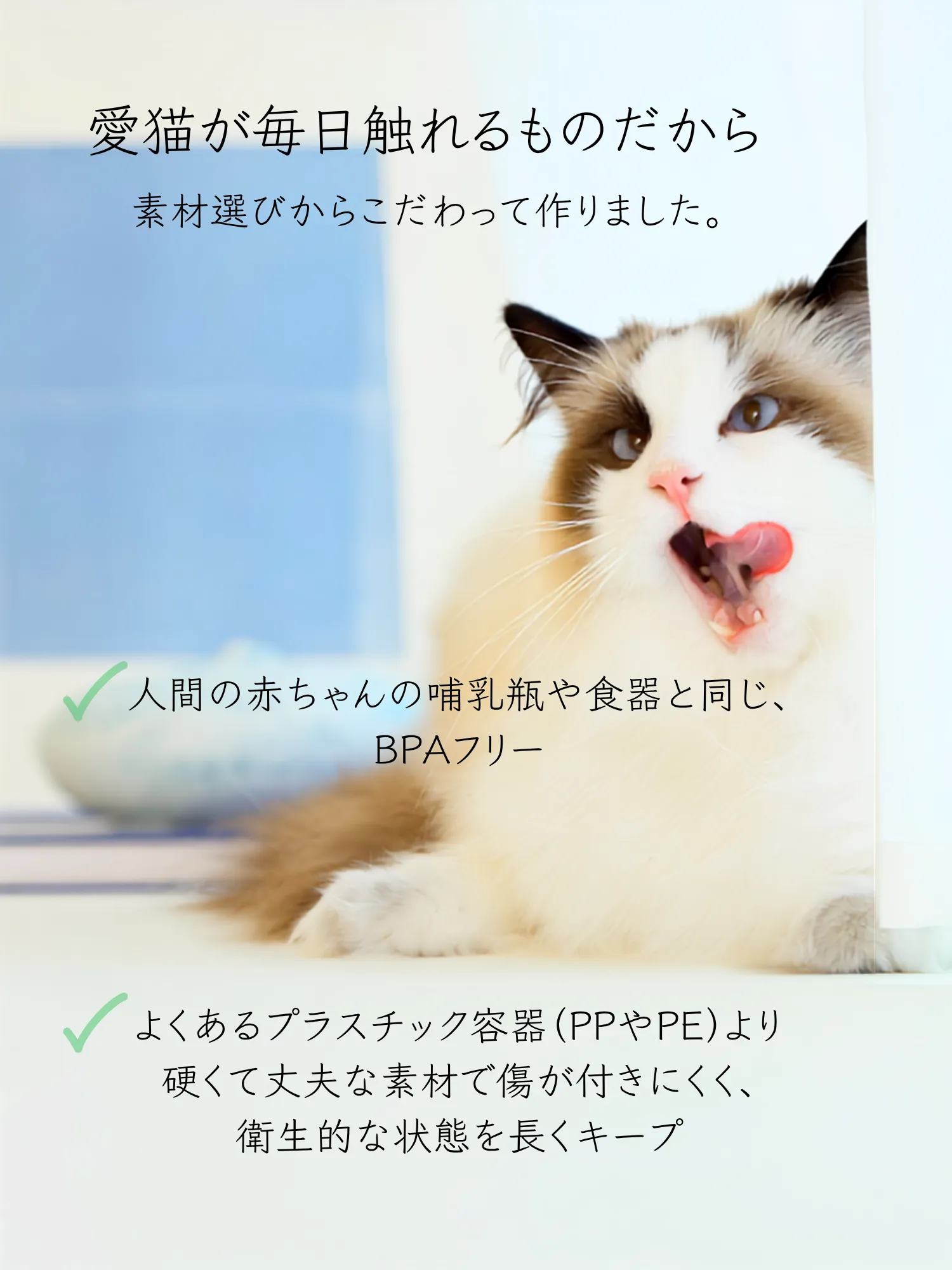 フードをくわえる猫と「Cat Fit Bowl」の素材