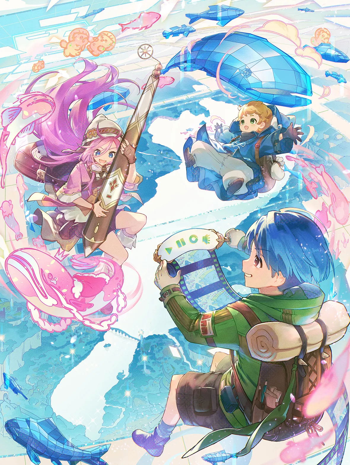 空飛ぶ乗り物や魚に囲まれた、ゲーム