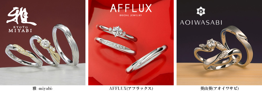 えんじ色と紺色を背景にした取扱いブランドのリング