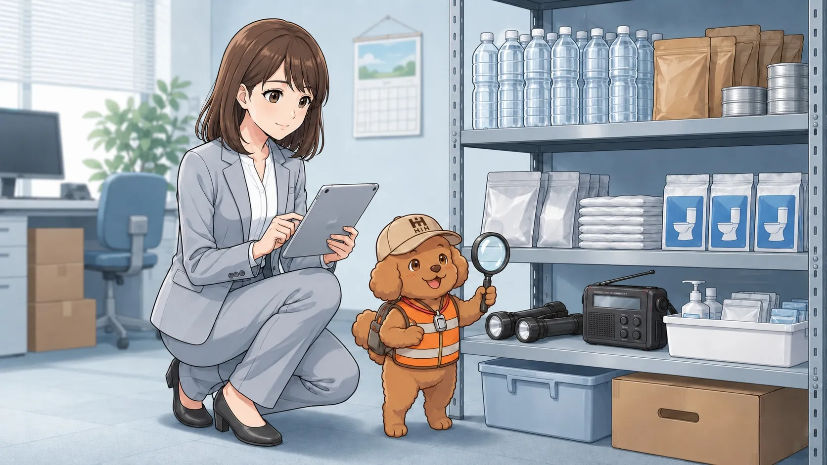 「備蓄見直し相談」で棚の水や食料を確認するHIHキャラクター