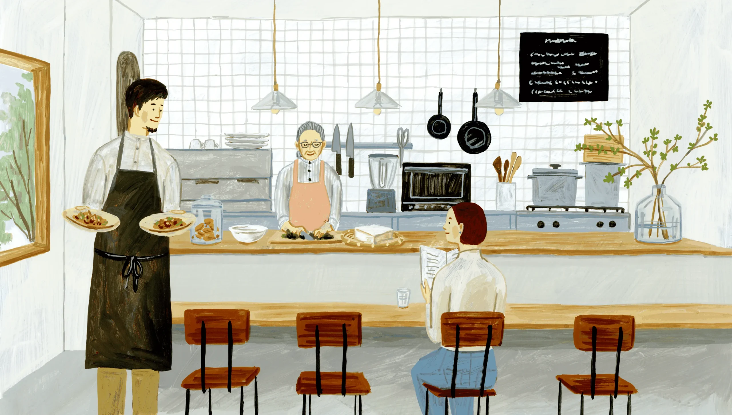 豆腐干食堂のカウンターキッチンで料理を仕込むイラストのスタッフたち