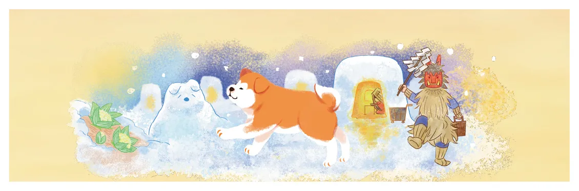 缶側面に描かれた冬の雪景色となまはげ