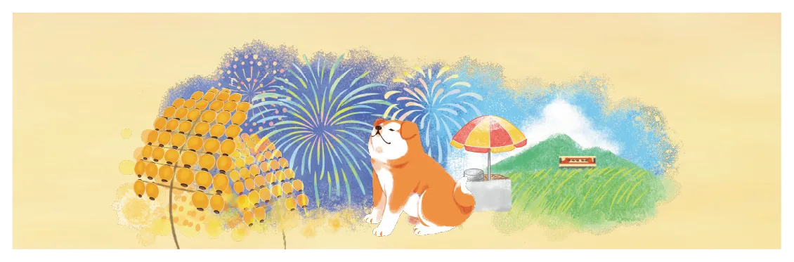 缶側面に描かれた夏の竿燈まつりと花火