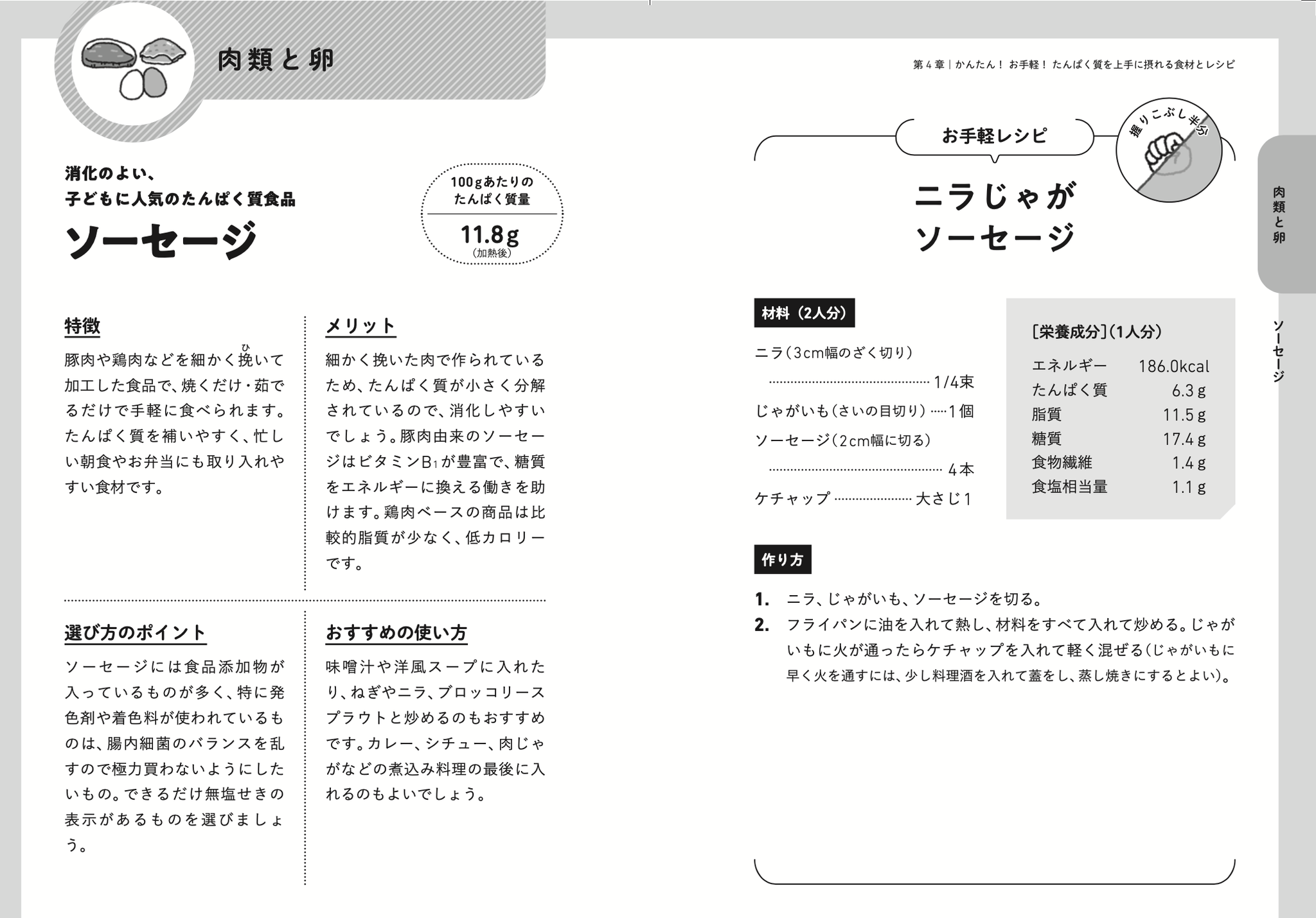 『子どものたんぱく質強化ごはん』掲載の「ニラじゃがソーセージ」レシピページ