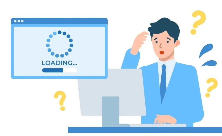 起動処理が進まない画面に困る利用者のイラスト