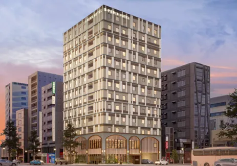 夕暮れに包まれる「エスペリアホテル札幌」の外観