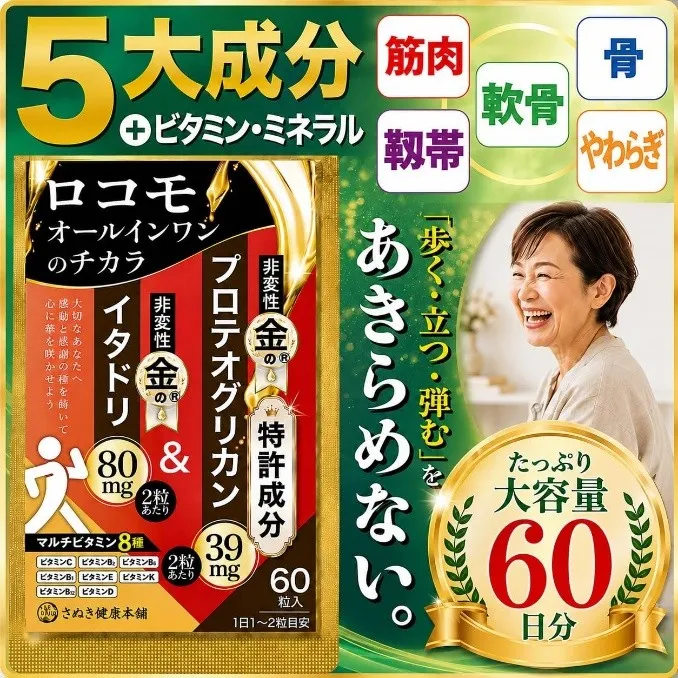 「ロコモオールインワンのチカラ」パッケージと5大成分バッジ