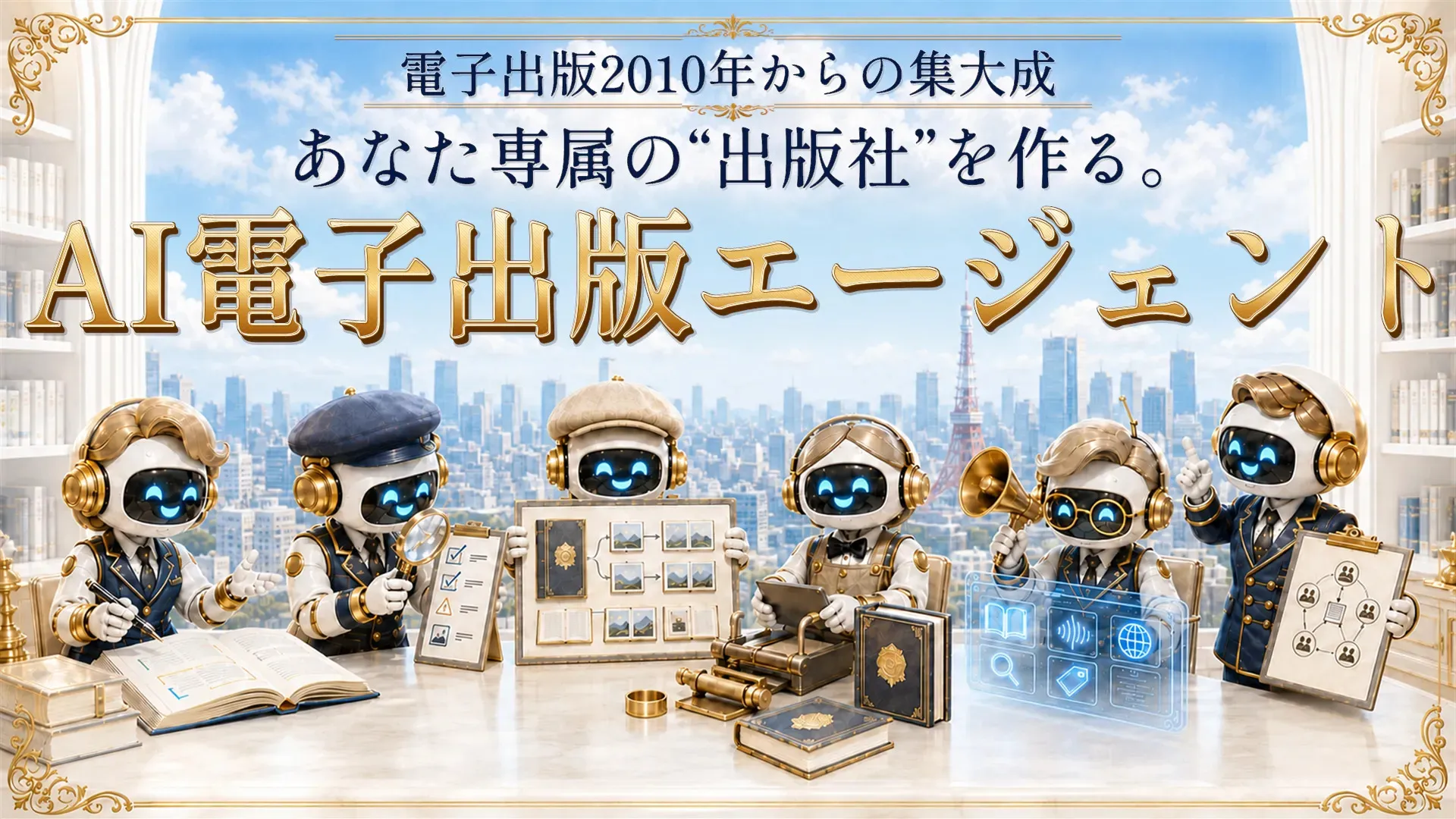 東京タワーを背景に並ぶ6体のロボットキャラクター「AI電子出版エージェント」