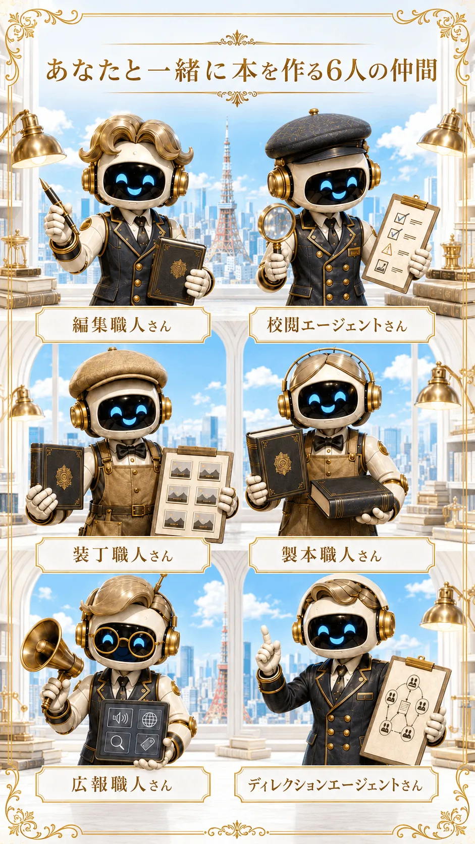 編集職人さんや校閲エージェントさんなど役割名付きの6人のロボットキャラクター