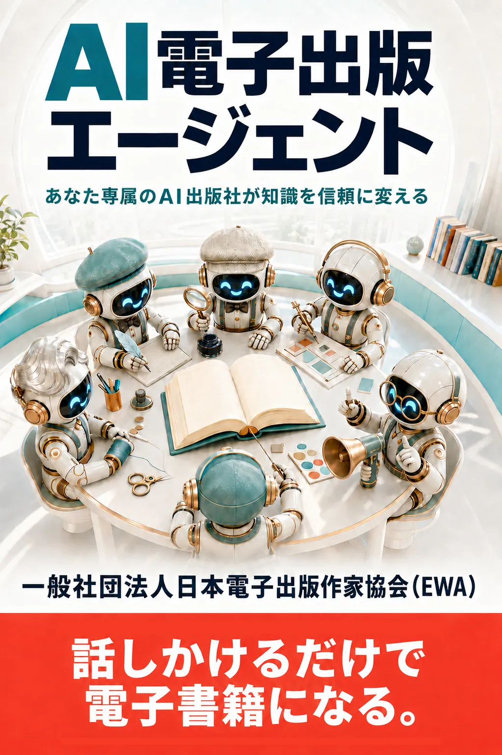 丸テーブルを囲むロボットたちが開いた本を製本する「AI電子出版エージェント」の利用イメージ