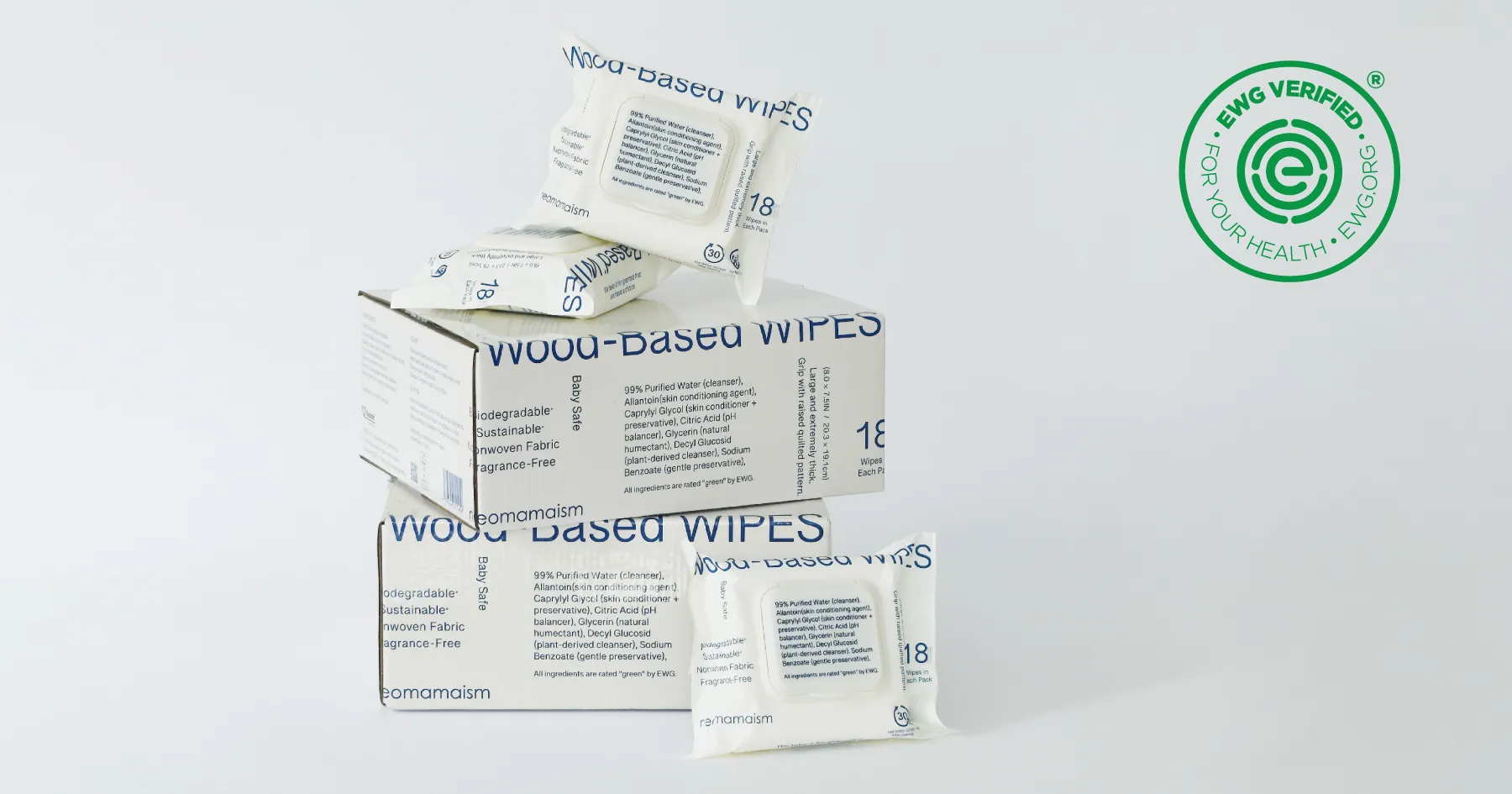 「EWG Verified」エンブレム付きの「Wood-Based WIPES」外箱