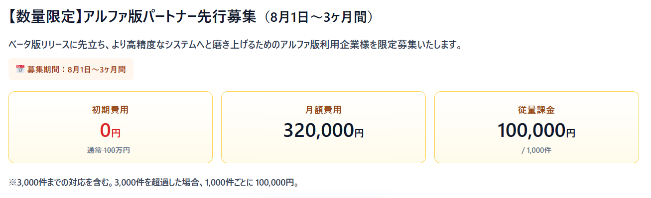 「AIメールセンター」α版パートナー募集の料金プラン