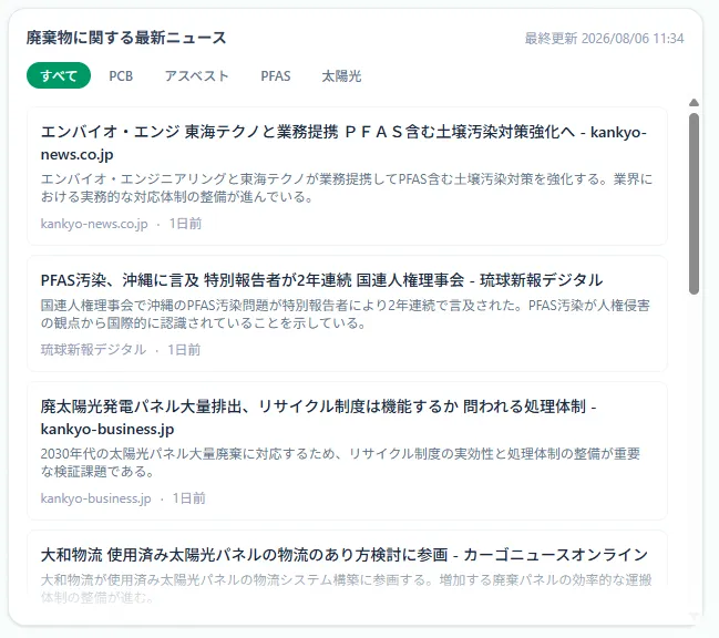 環境関連ニュースを一覧表示するニュースフィード画面
