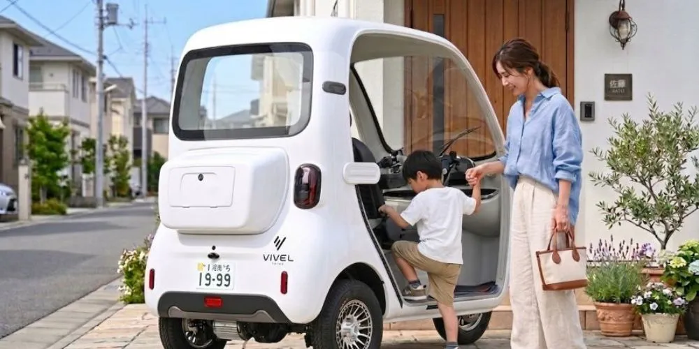 住宅街で乗り込む親子とビベルトライク