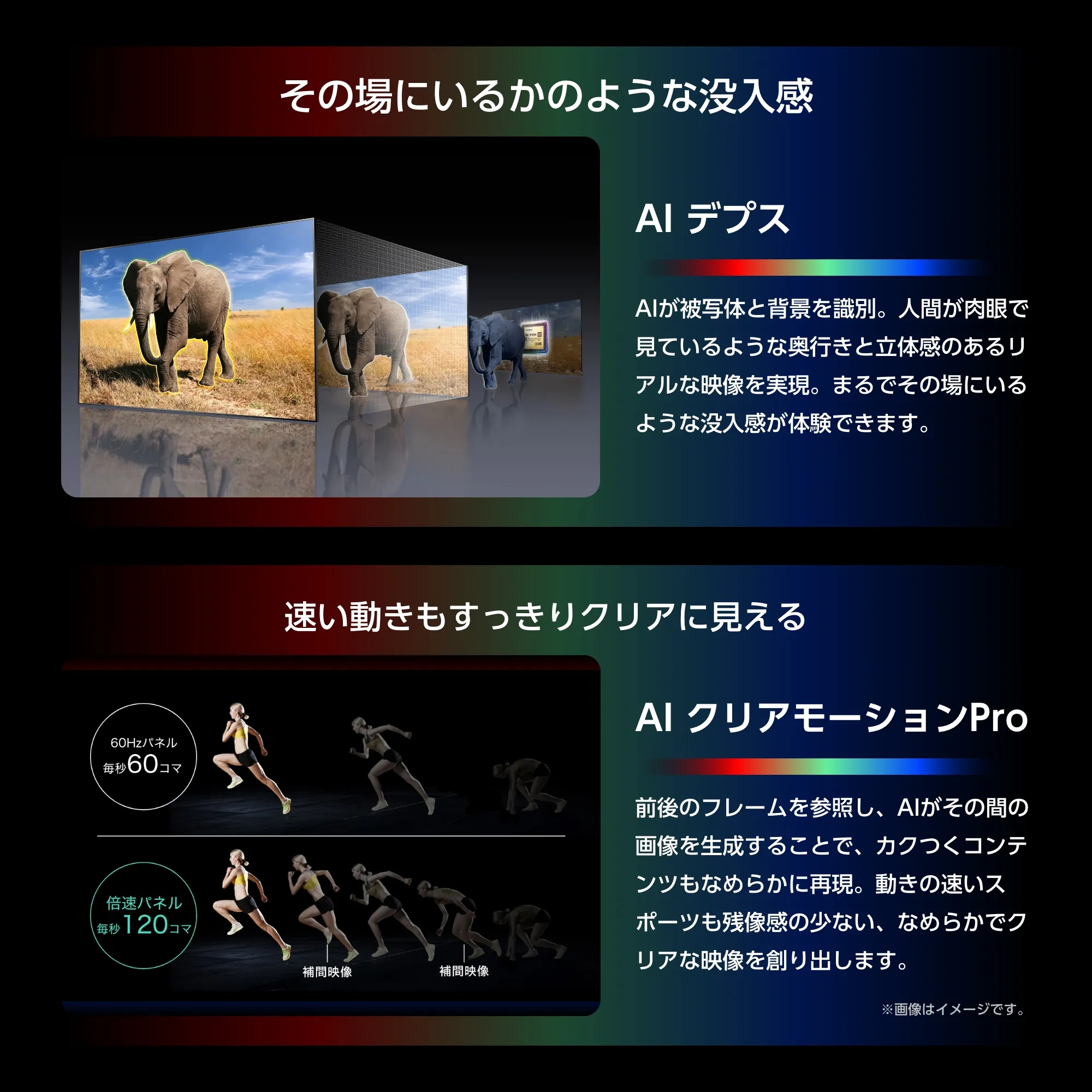 ゾウの映像と陸上選手の連続コマで示す「AIデプス」と「AIクリアモーションPro」の効果
