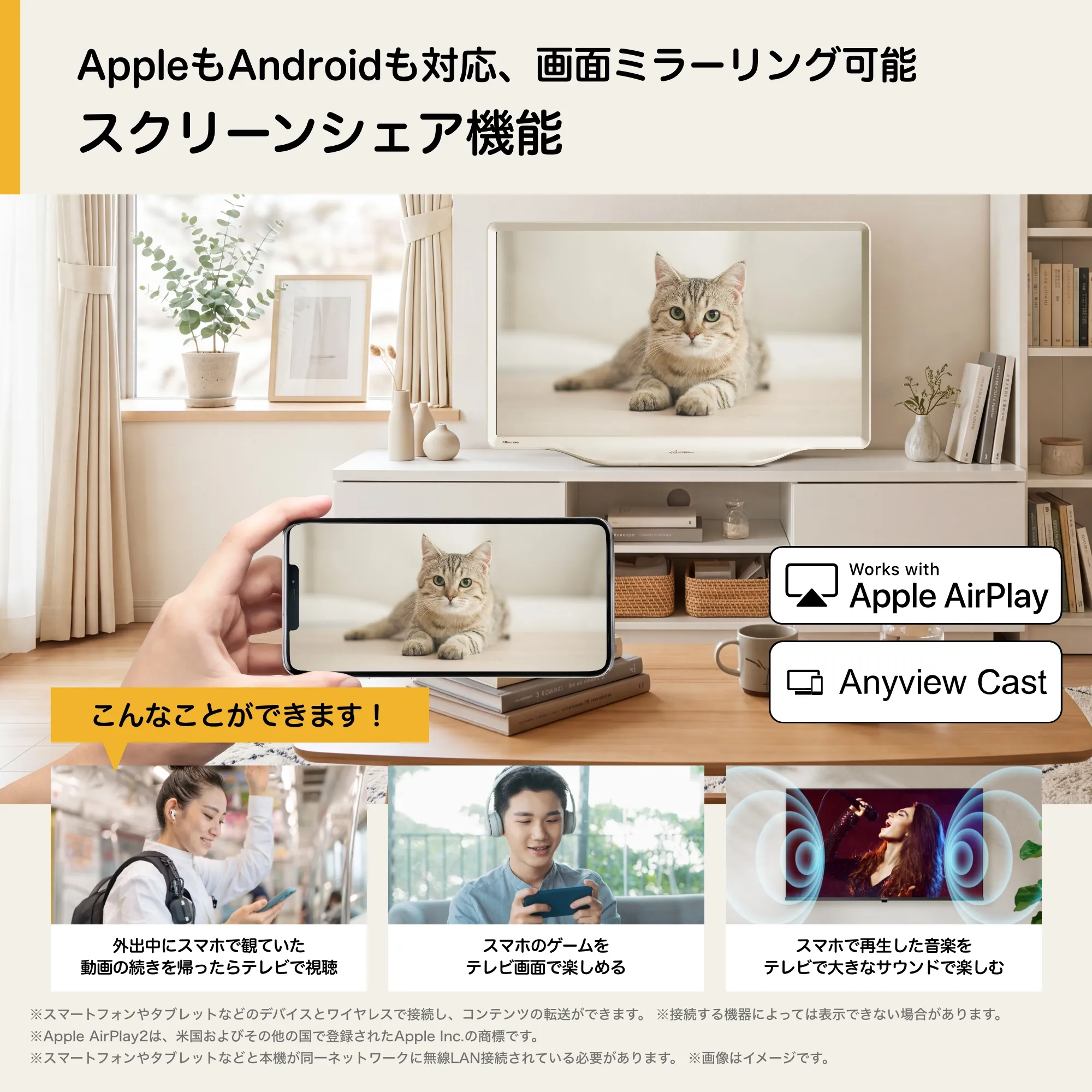 スマートフォンの画面をテレビに映すスクリーンシェアの様子