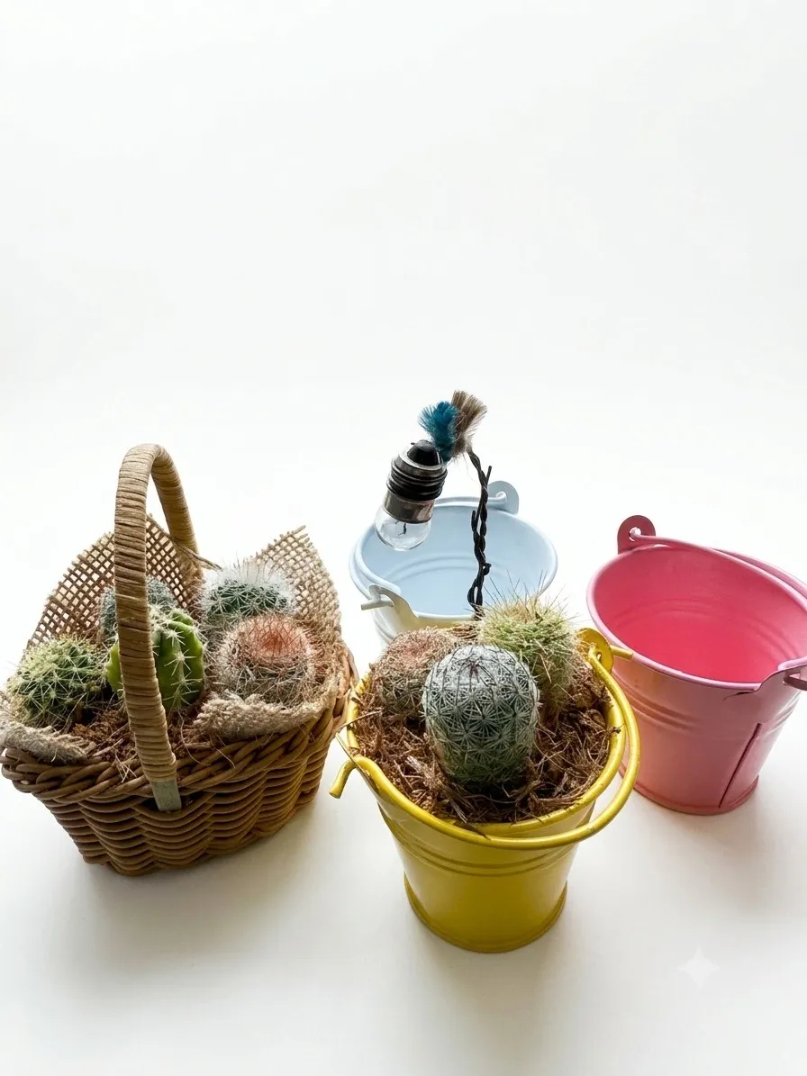 編みかごやブリキバケツに寄せ植えされたサボテン