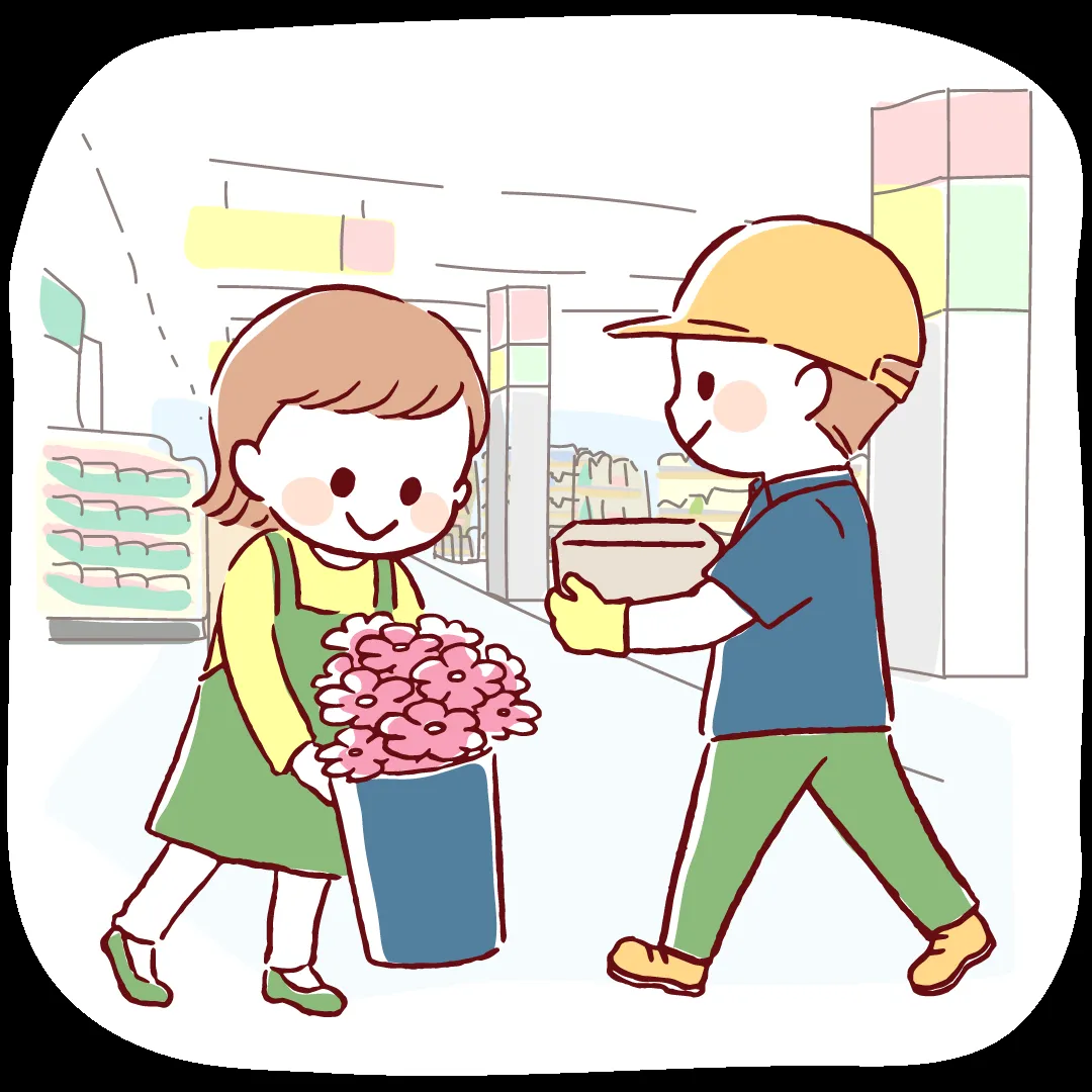 花束や段ボール箱を受け渡すホームセンター店内のイラスト