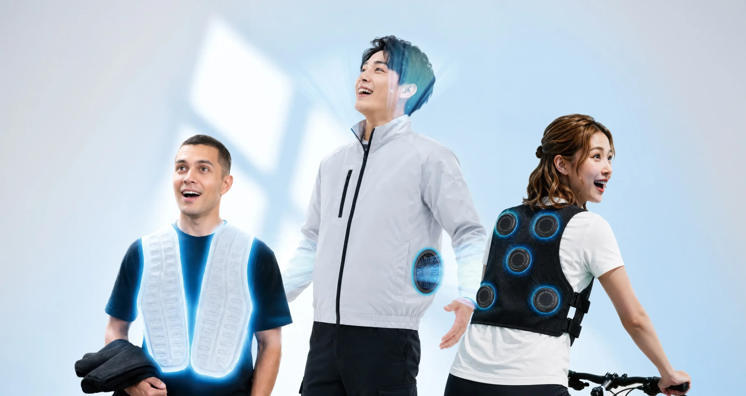 冷却ファン付きベストを着用した3人のモデル