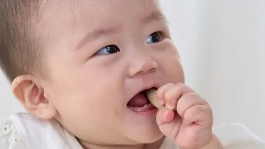 手づかみで「くちどけおこめぼー」を食べる赤ちゃん