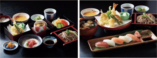 文楽御膳・寿し天膳の盛り合わせ