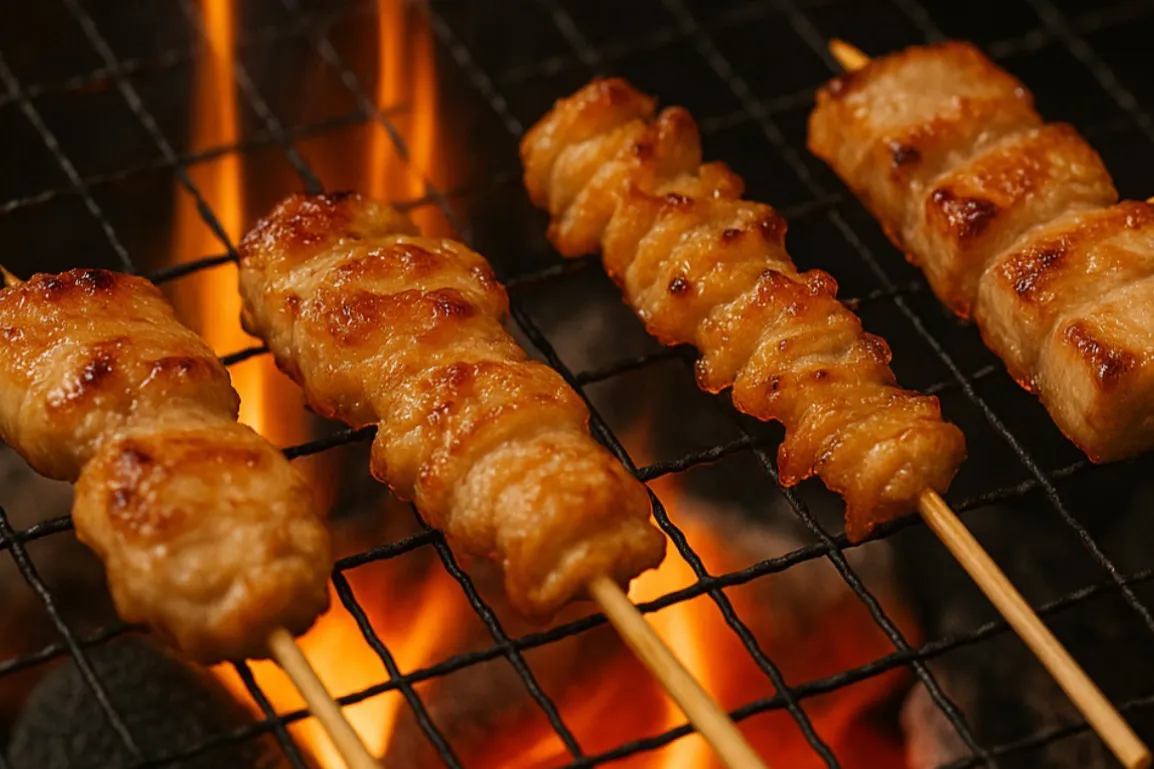 炭火の網で焼き上げる串焼き