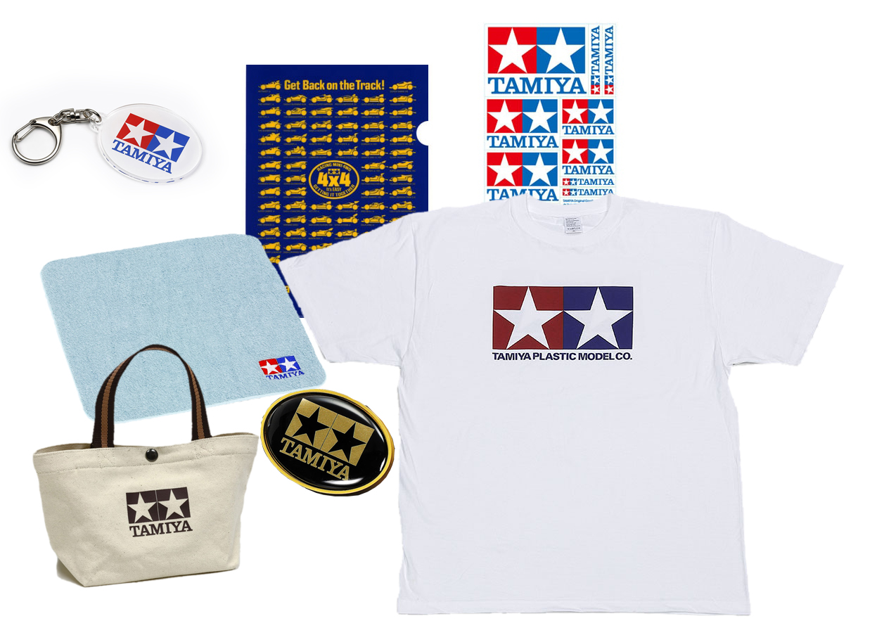 Tシャツ・トートバッグ・タオル・缶バッジなどTAMIYAロゴ入りグッズ一式