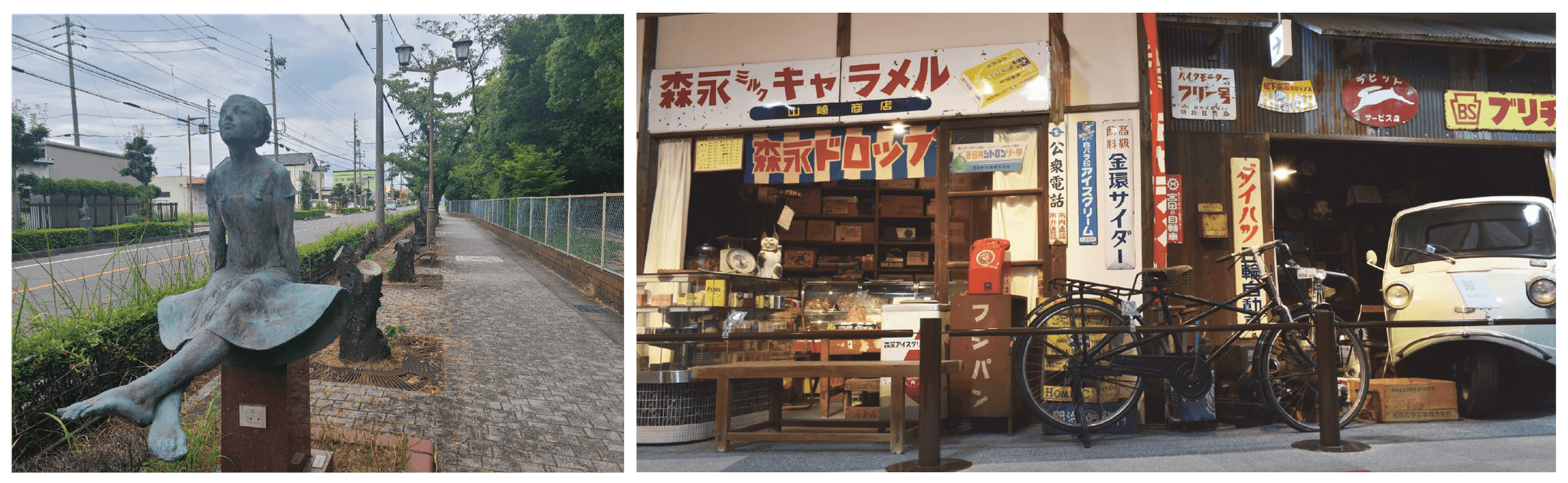 森永ミルクキャラメルのブロンズ像が立つ北名古屋市のアートロードエリア