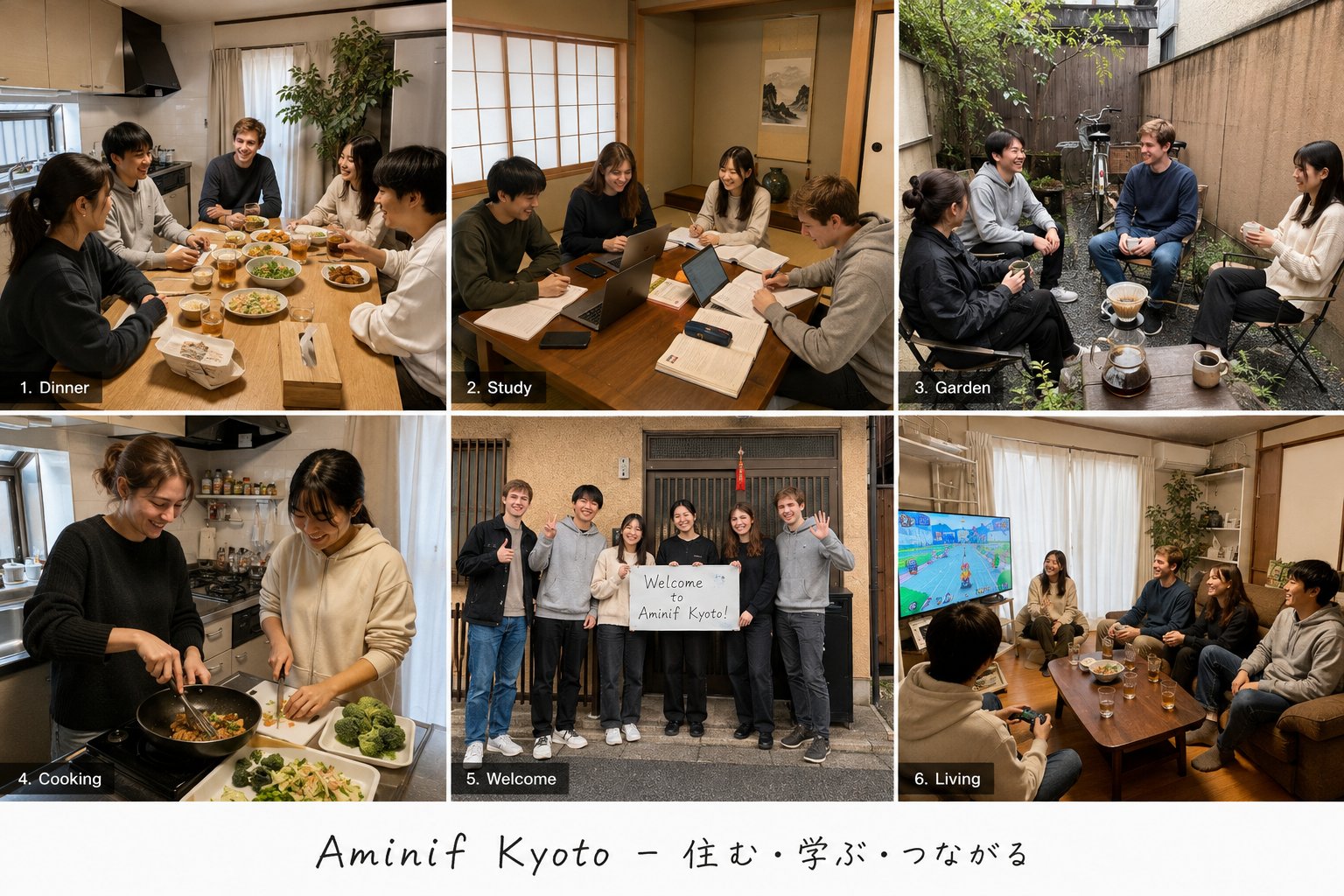 夕食・勉強会・庭でのコーヒータイムなどの生活シーン