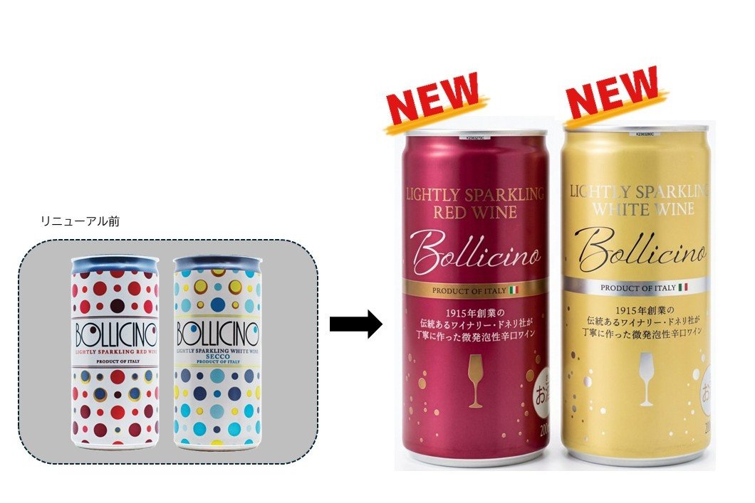 新旧デザインを比較した「ボッリチーノ」の缶