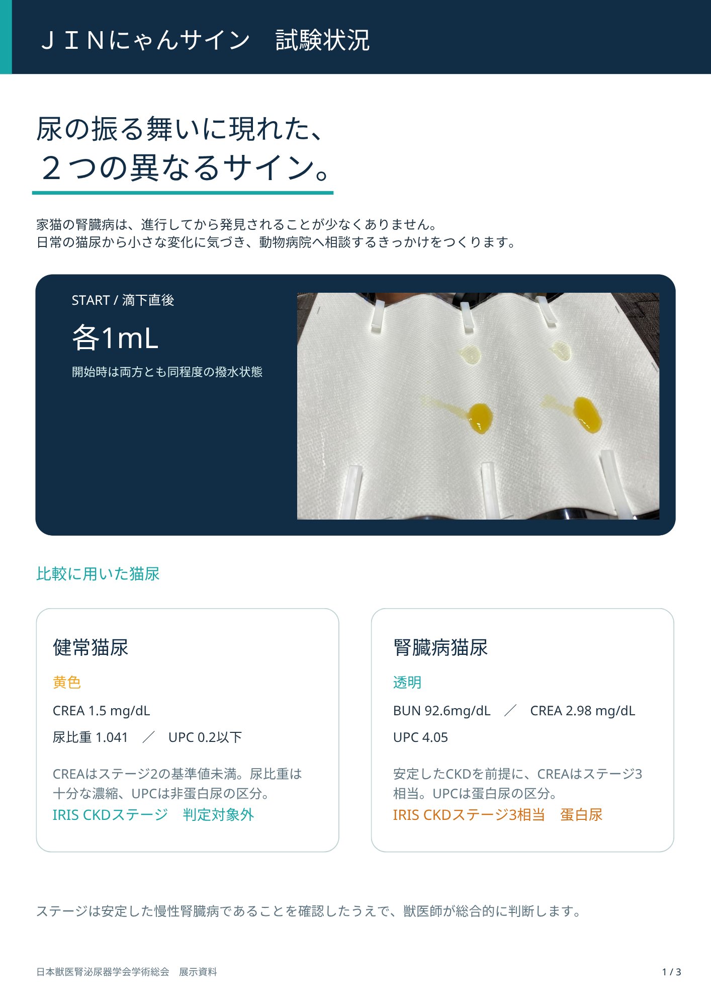 「JINにゃんサイン」滴下試験開始時の健常猫尿と腎臓病猫尿の比較
