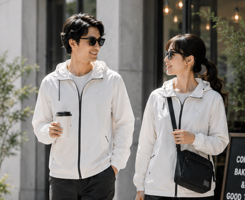 街中で「空調ラッシュガード」を着用する男女