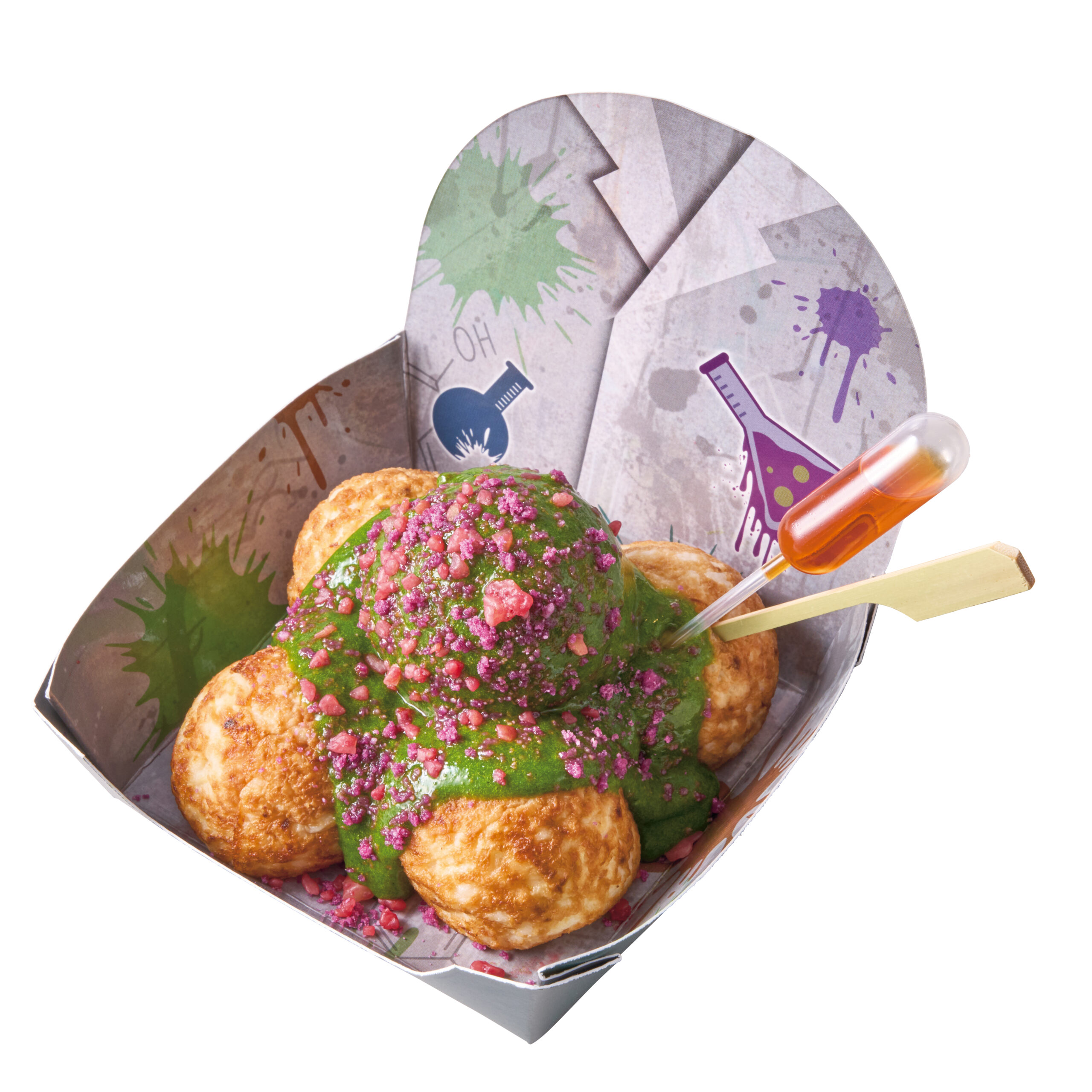 真上から写した実験たこ焼きと理科実験モチーフのイラストが入った紙トレー