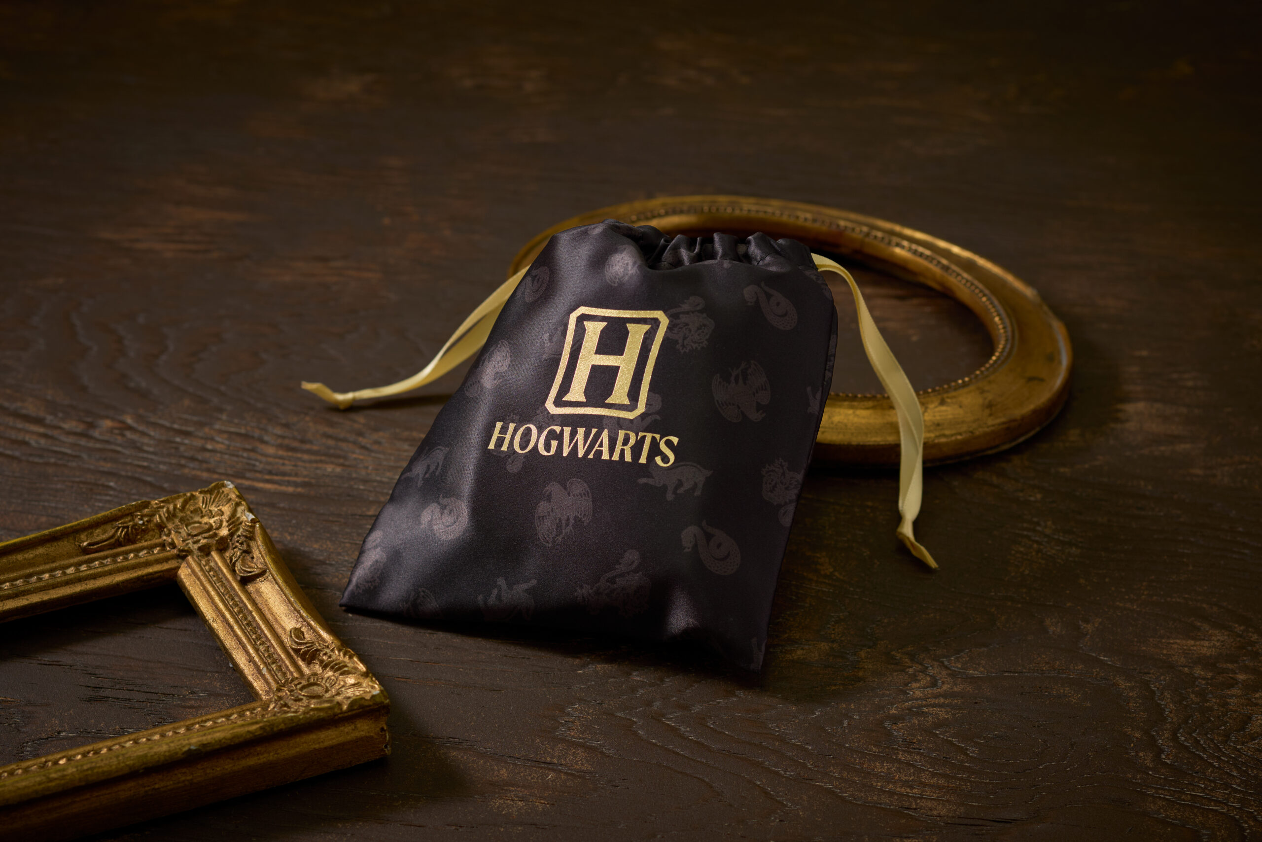 魔法生物柄の生地にHOGWARTSロゴが輝く巾着
