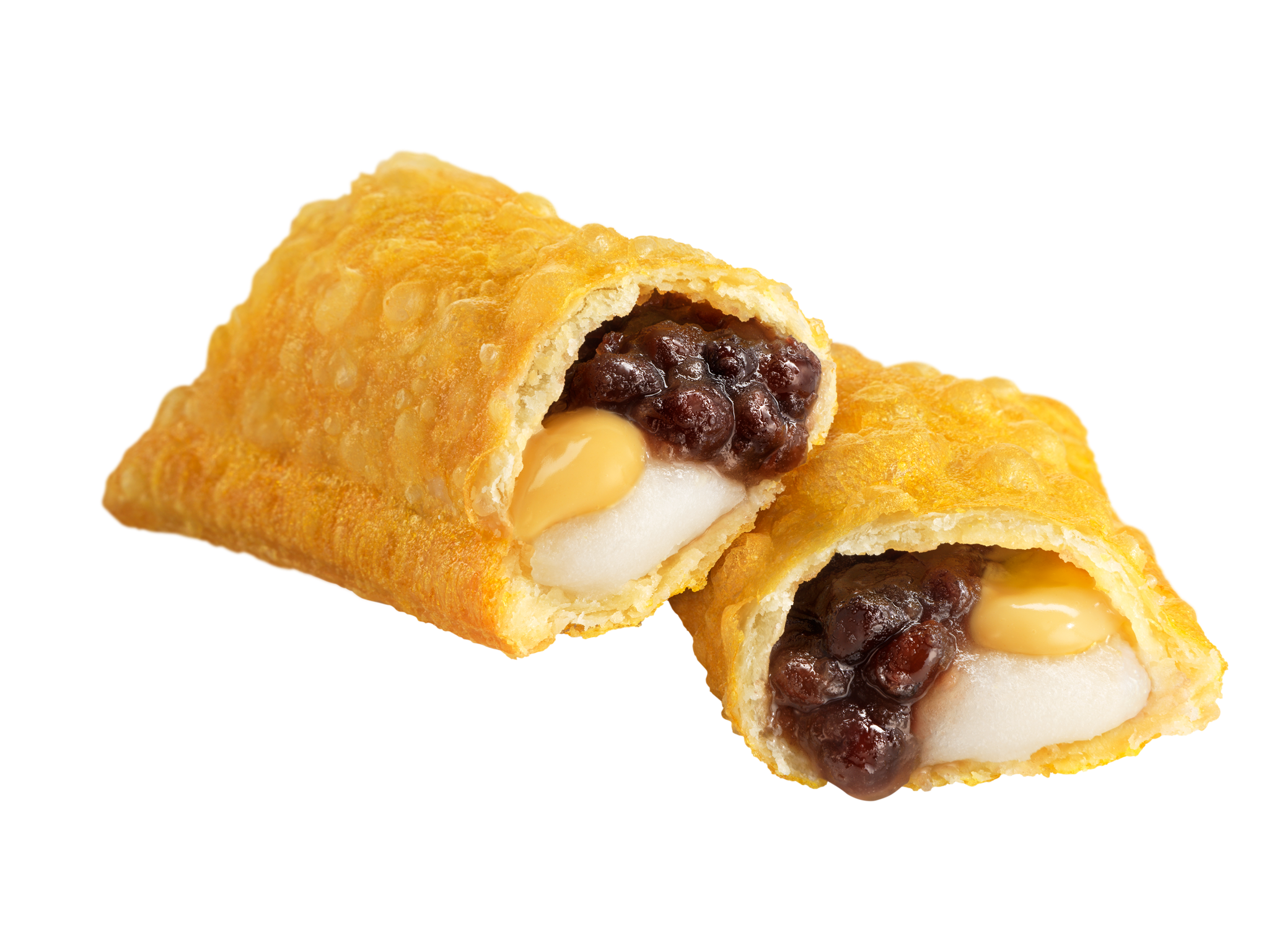 あんことクリーム、もちの層が見える「北海道産バターとあんことおもちの月見パイ」の断面