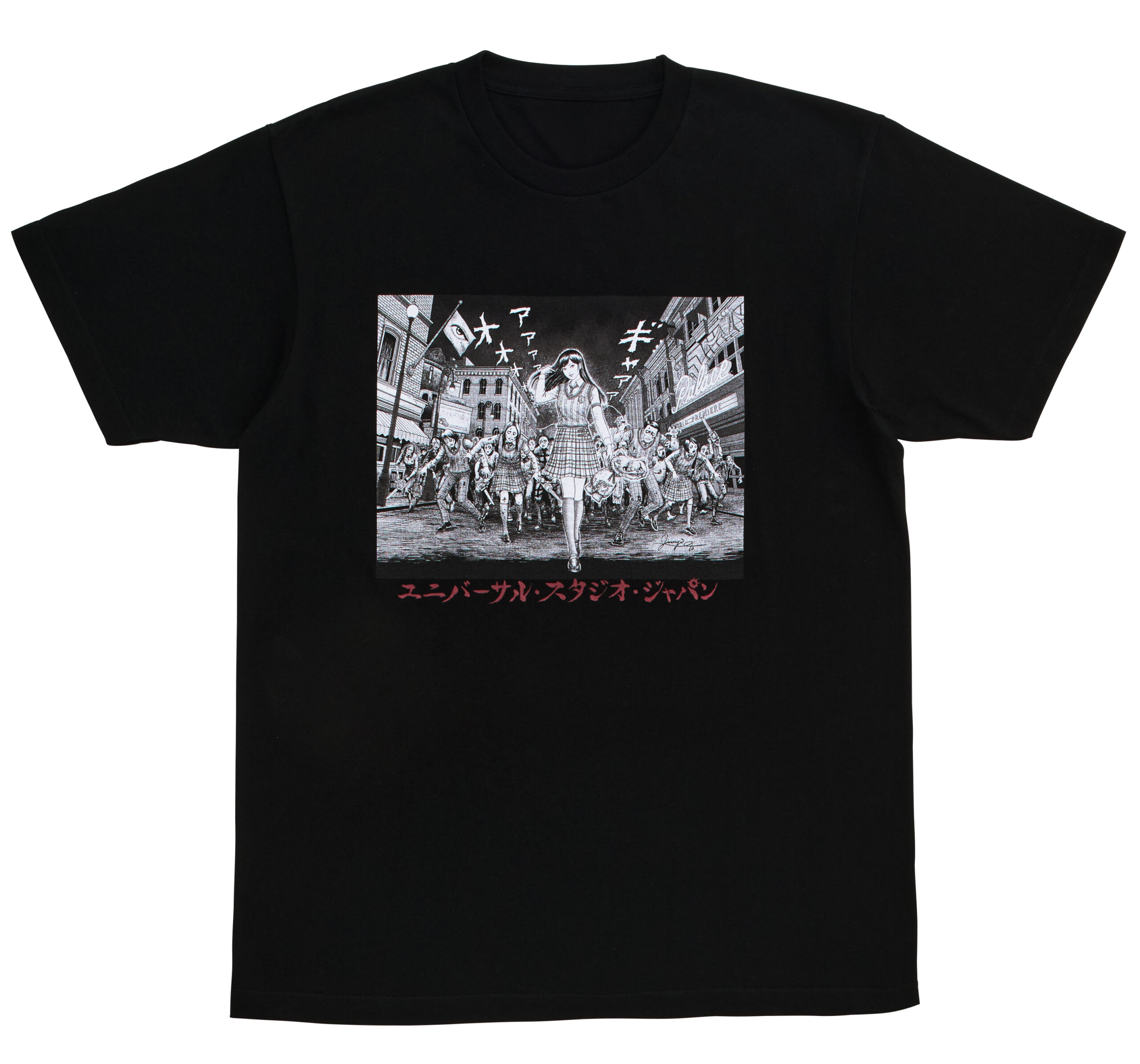 ゾンビの大群を率いてストリートを闊歩する富江の描きおろしアートをプリントした黒いTシャツ