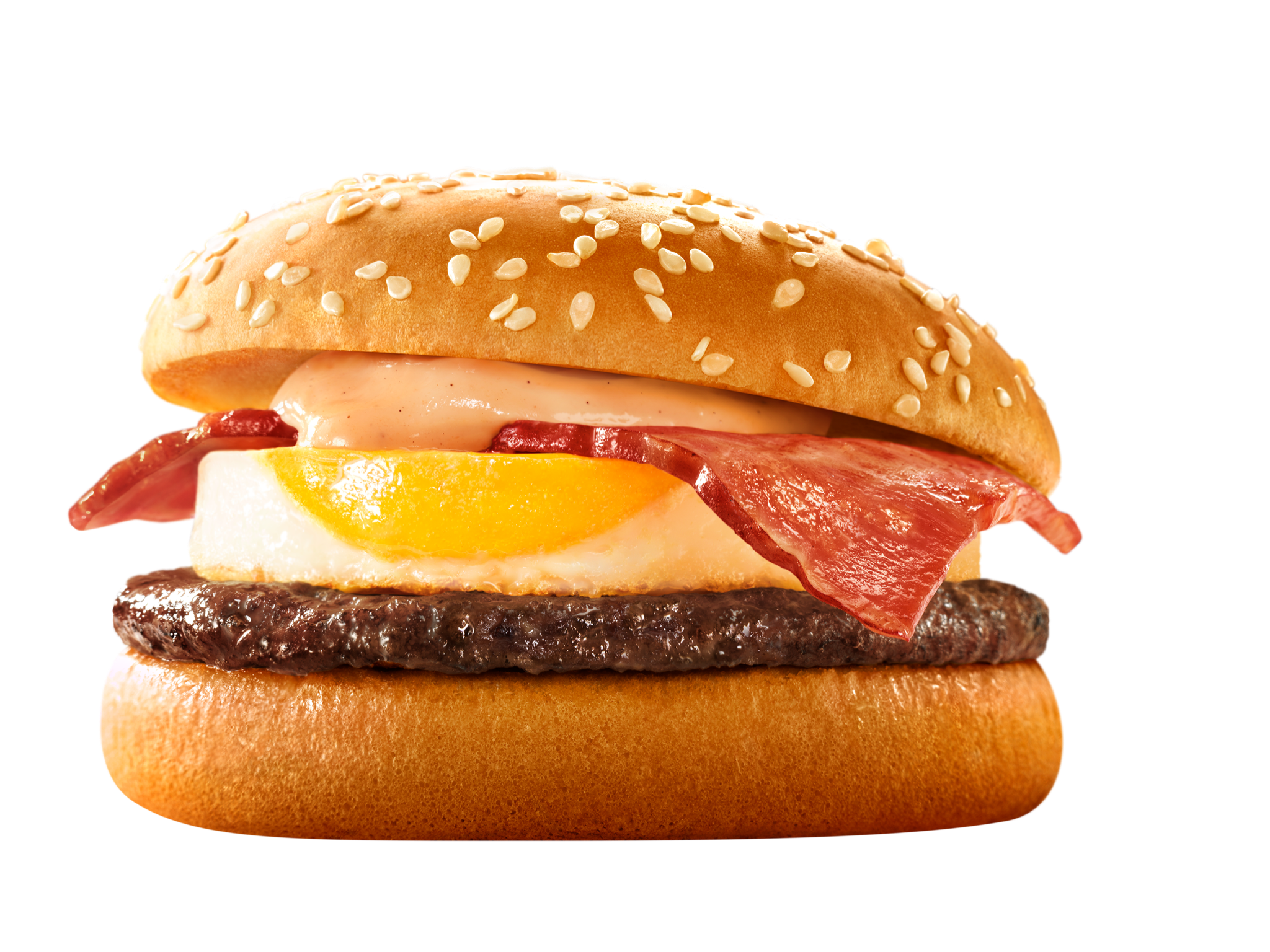 国産たまごとビーフパティ、スモークベーコンを重ねた「月見バーガー」