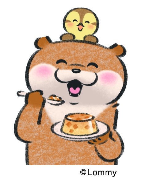 カワウソが小鳥とプリンを楽しむイラスト