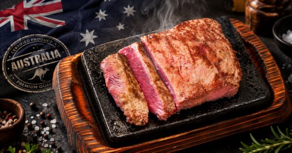 豪州ミスジステーキの断面と原産国訴求カット