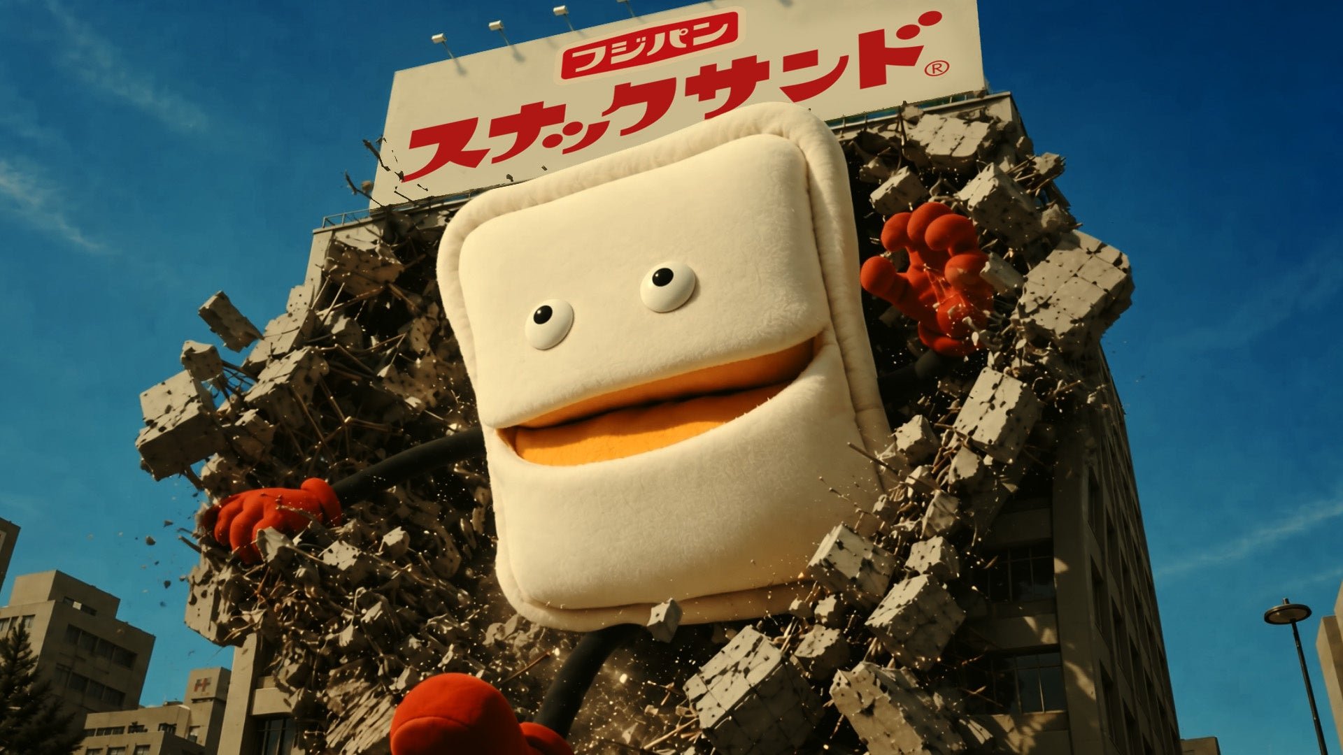 巨大化して街を暴れる「んーぱ」