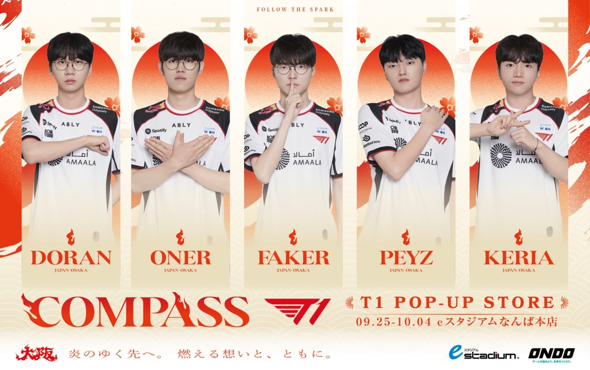 T1所属選手「DORAN」「ONER」「FAKER」「PEYZ」「KERIA」のCOMPASS大阪ビジュアル