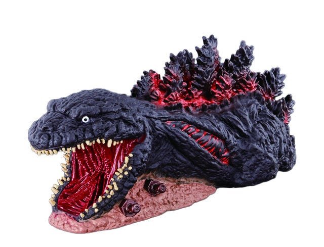 体内と背びれが赤く発光するゴジラ頭部の造形物