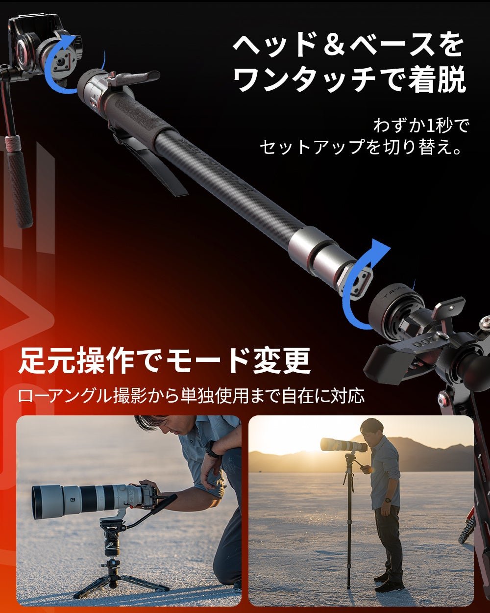 ヘッドとベースをワンタッチで着脱するTRIBEX PRO モノポッド