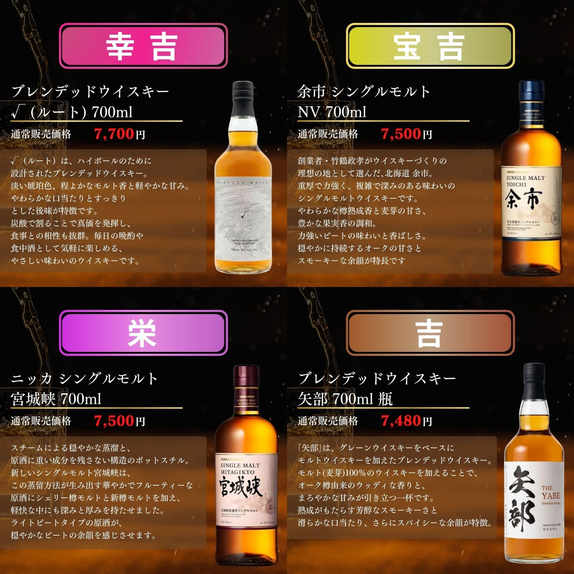 √(ルート)・余市 シングルモルトNV・宮城峡・矢部